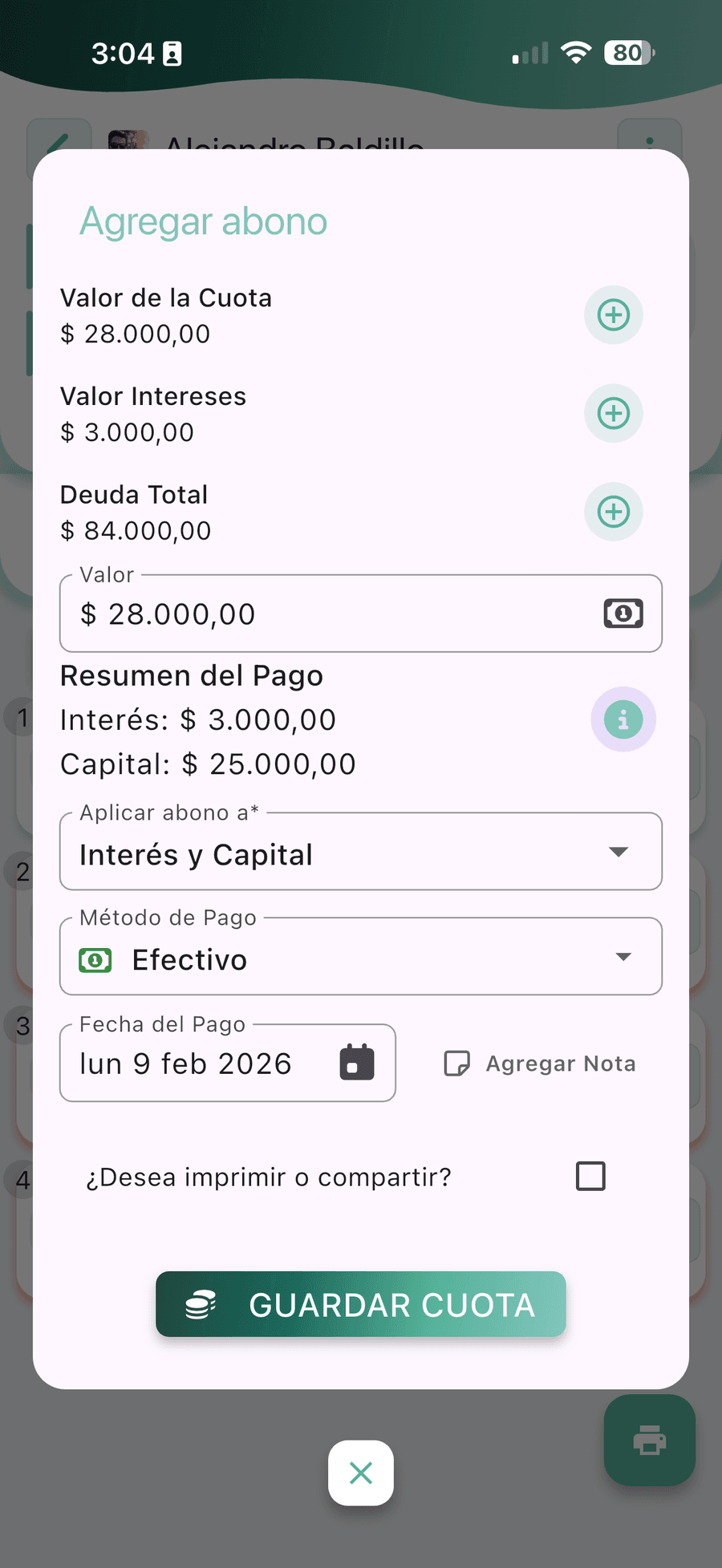 Pantalla de CobrApp para registrar el abono de un cliente