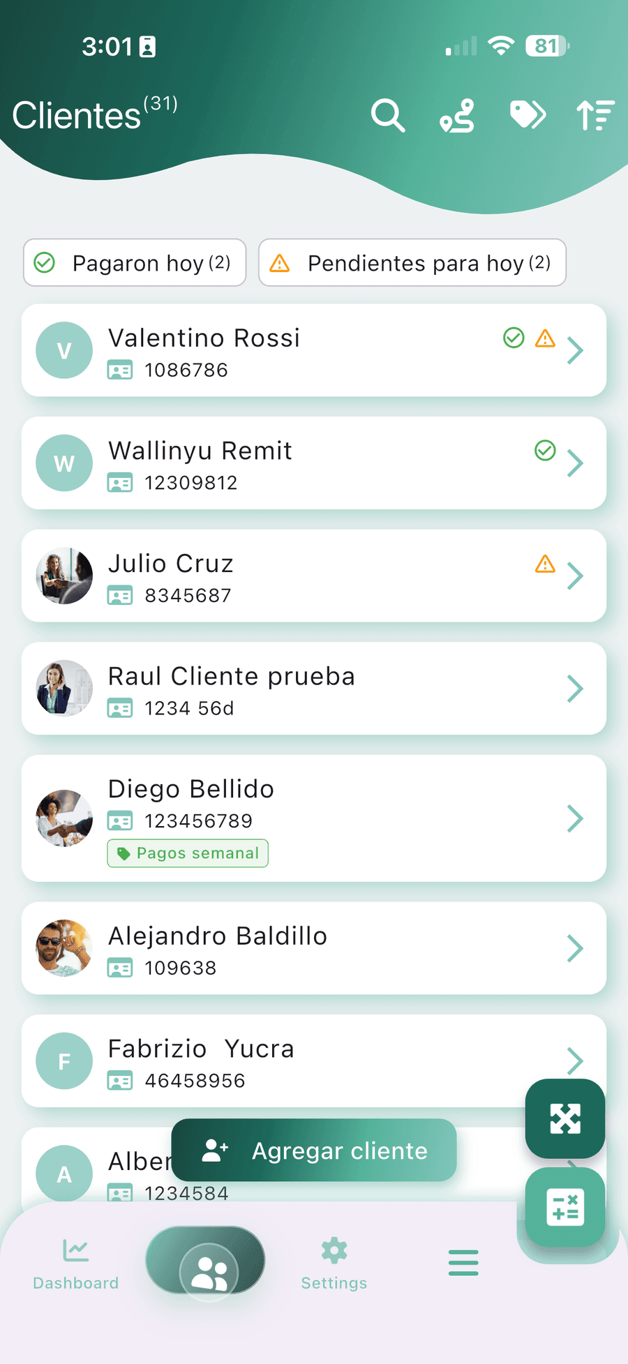 CobrApp customer screen: the list of who is due today, sorted by area, with the late payers kept separately