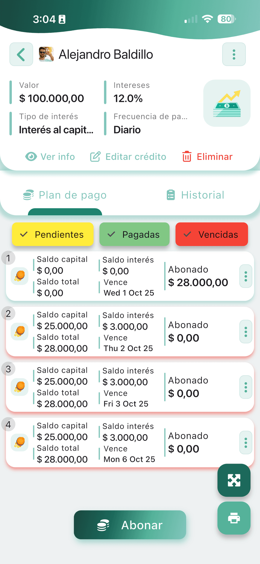 Payment plan in CobrApp: the $47 installments of the same loan, calculated by the app with no formulas