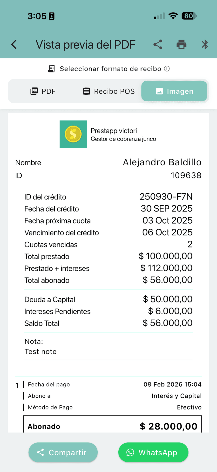 Payment receipt generated by CobrApp, ready to print or send over WhatsApp