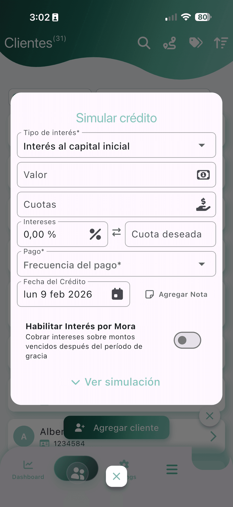 CobrApp loan simulator with capital, rate, term and payment frequency